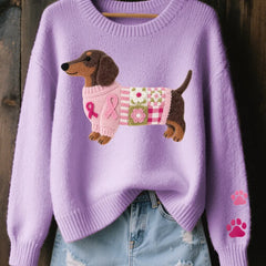 Dachshund Patchwork Crew Neck Sweater in Lavender