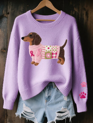 Dachshund Patchwork Crew Neck Sweater in Lavender
