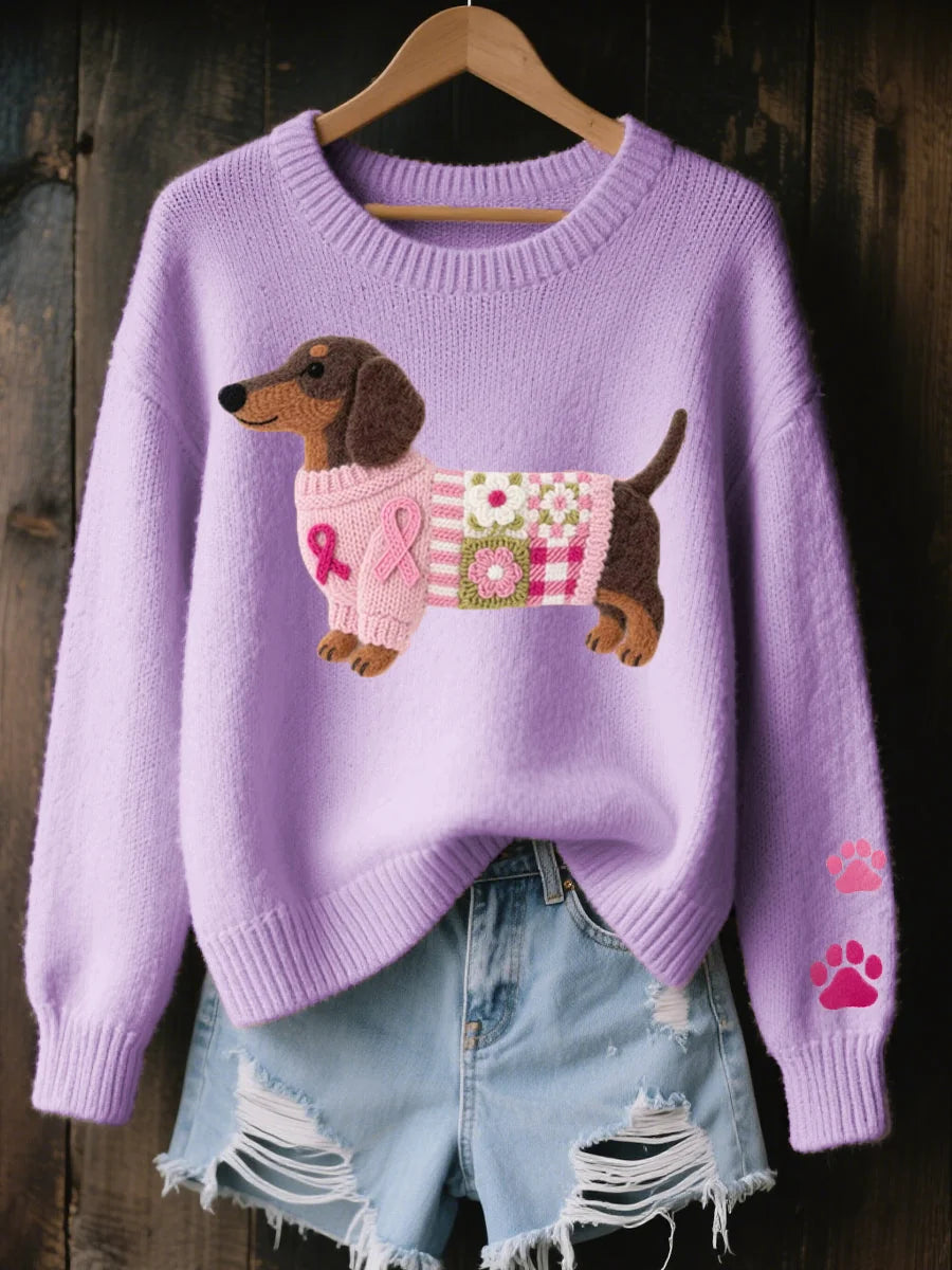 Dachshund Patchwork Crew Neck Sweater in Lavender