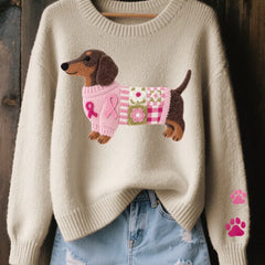 Dachshund Patchwork Crew Neck Sweater in Beige