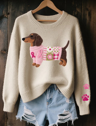 Dachshund Patchwork Crew Neck Sweater in Beige