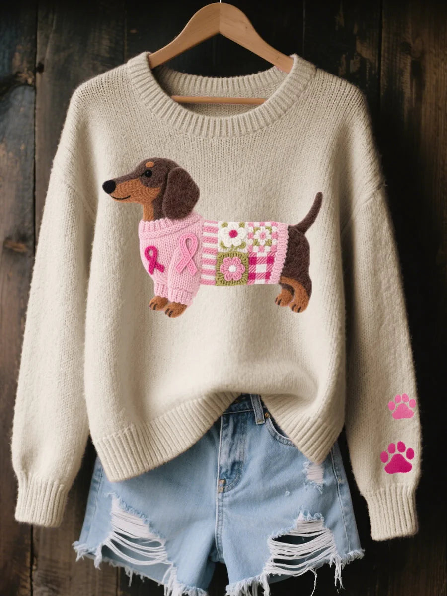 Dachshund Patchwork Crew Neck Sweater in Beige
