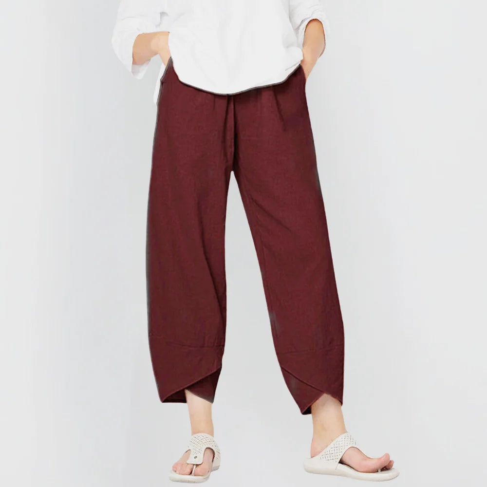Netha Wide-Leg Tulip Hem Pants in Wine Red