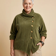 Asymmetric Button Ribbed Sweater worn by a woman with curves