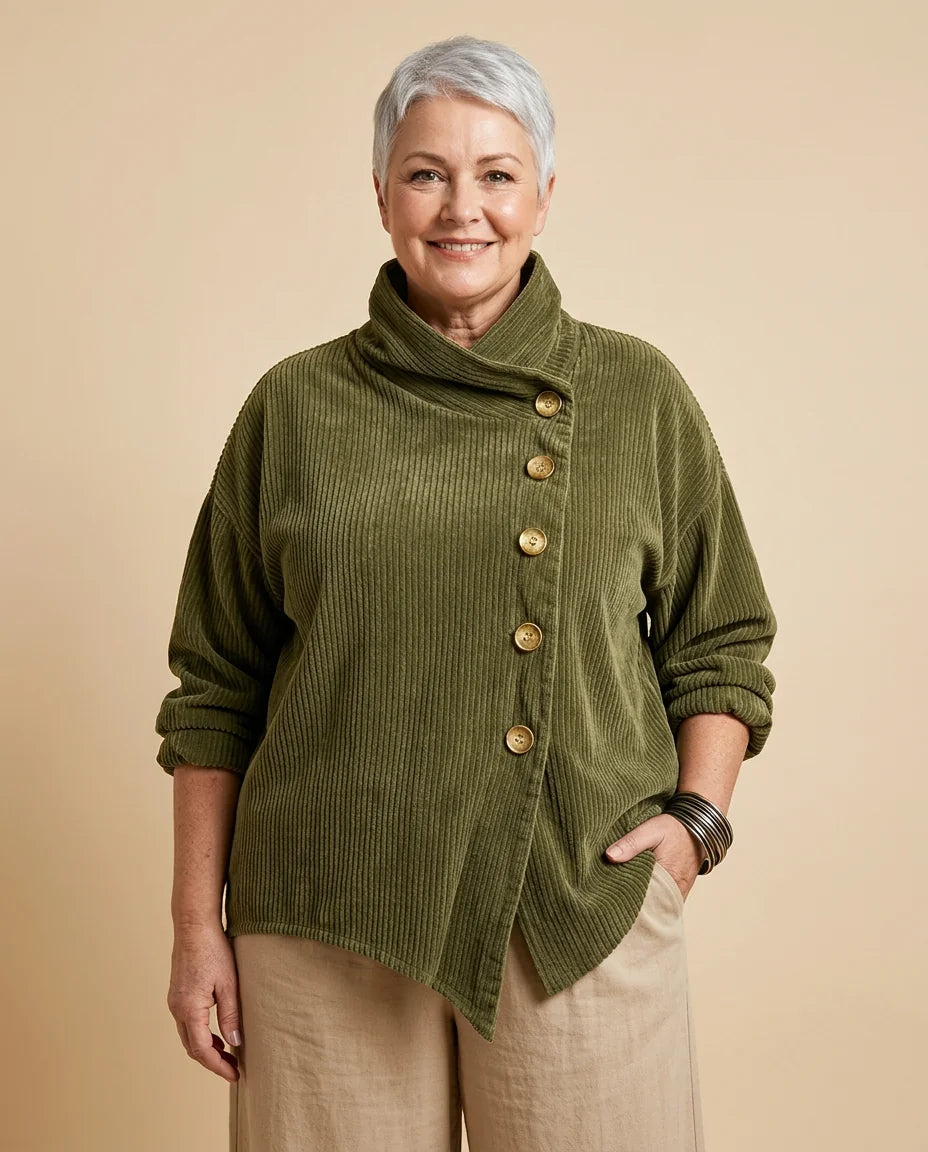 Asymmetric Button Ribbed Sweater worn by a woman with curves