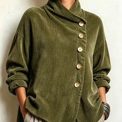 Asymmetric Button Ribbed Sweater in Olive Green