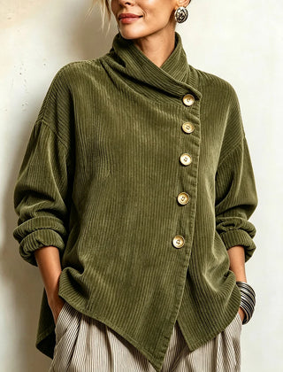Asymmetric Button Ribbed Sweater in Olive Green