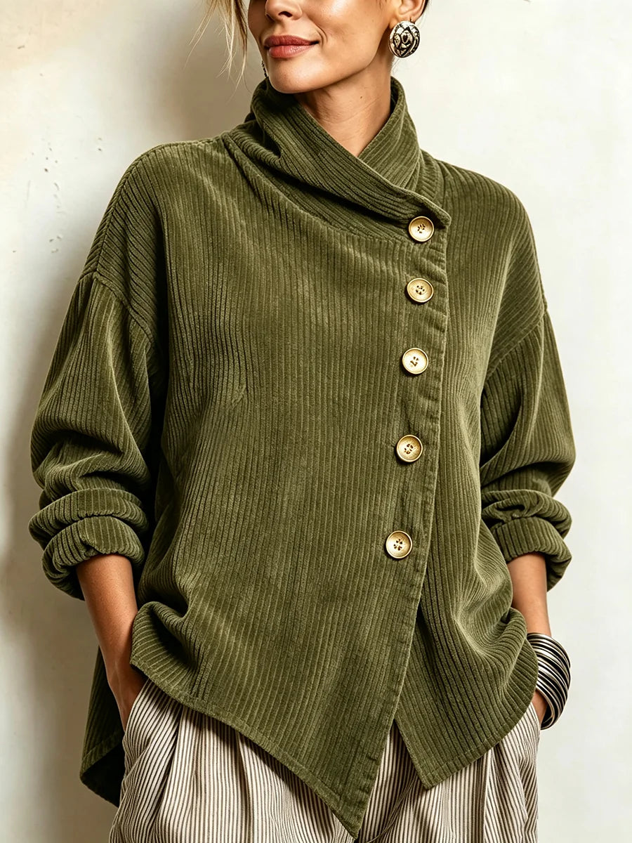 Asymmetric Button Ribbed Sweater in Olive Green