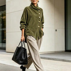 Asymmetric Button Ribbed Sweater in Olive Green