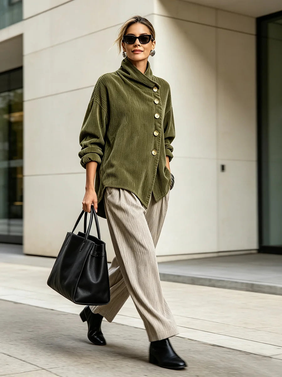Asymmetric Button Ribbed Sweater in Olive Green