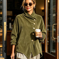 Asymmetric Button Ribbed Sweater in Olive Green