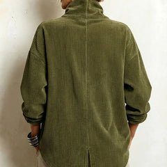 Asymmetric Button Ribbed Sweater in Olive Green