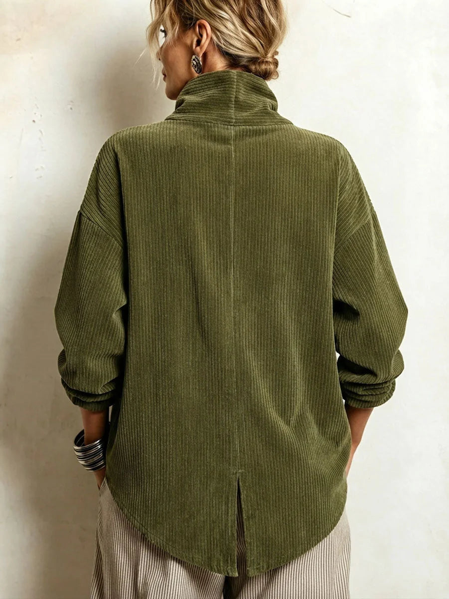 Asymmetric Button Ribbed Sweater in Olive Green