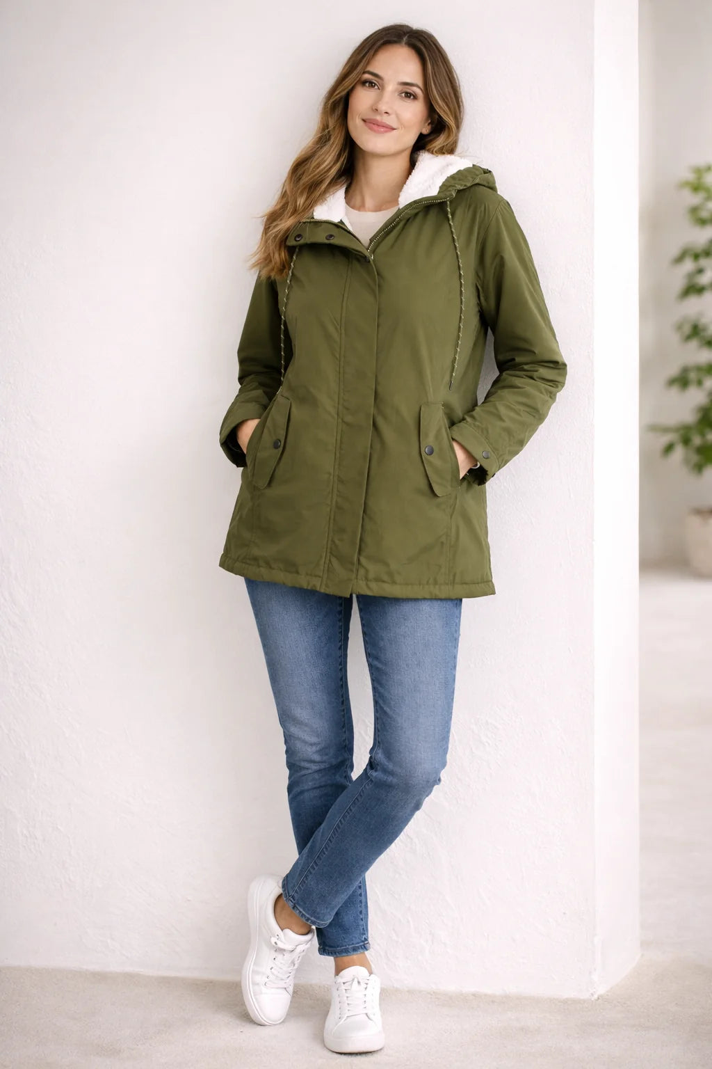Odette Hooded Sherpa-Lined Parka in Green