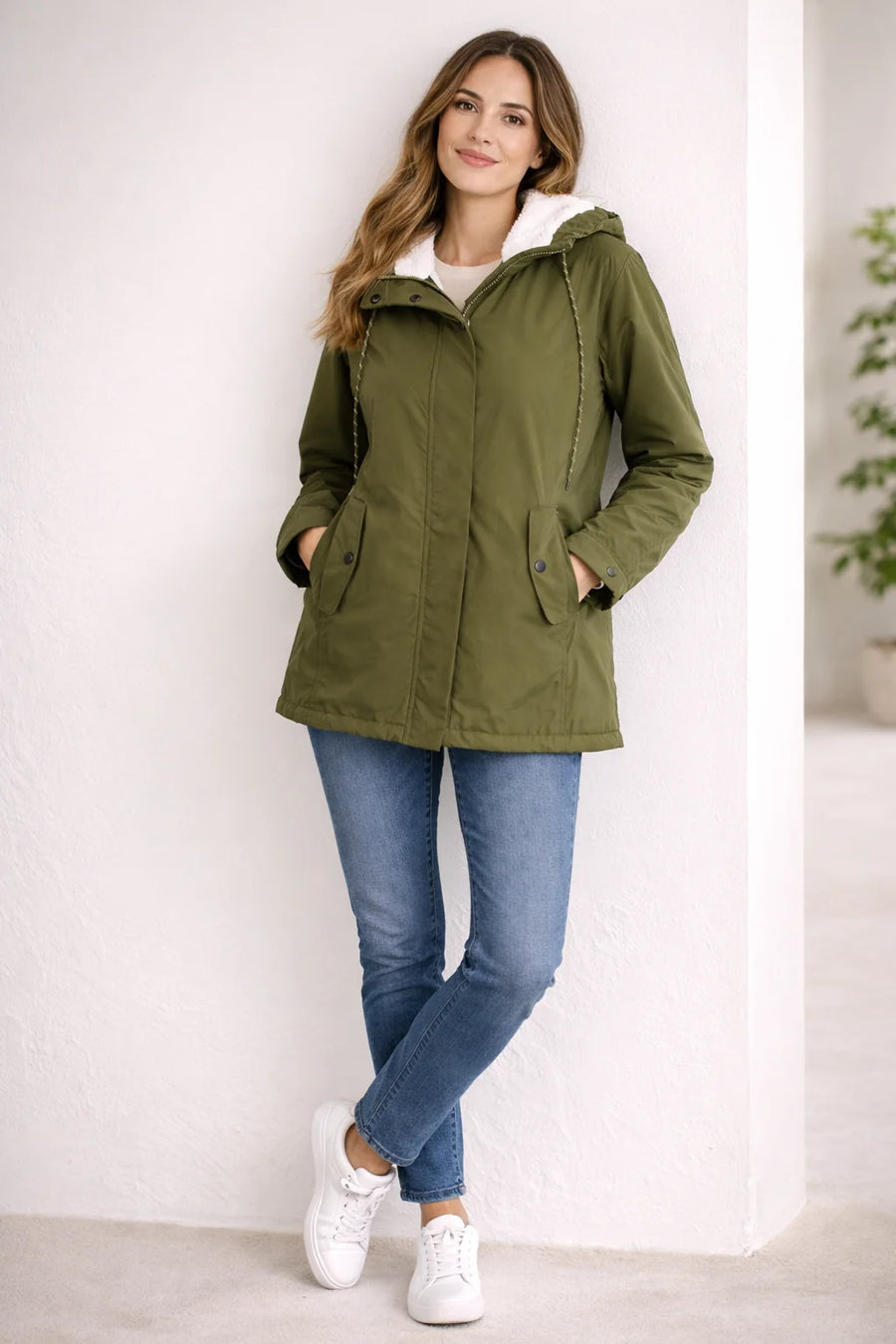 Odette Hooded Sherpa-Lined Parka in Green