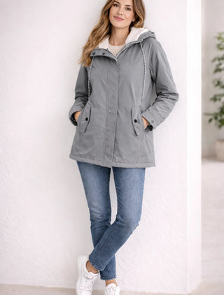 Odette Hooded Sherpa-Lined Parka in Gray