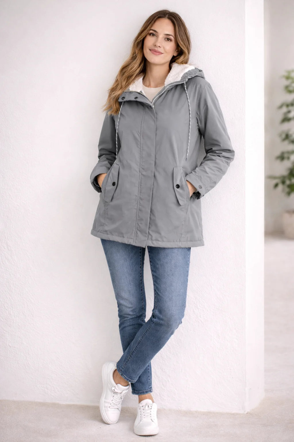 Odette Hooded Sherpa-Lined Parka in Gray