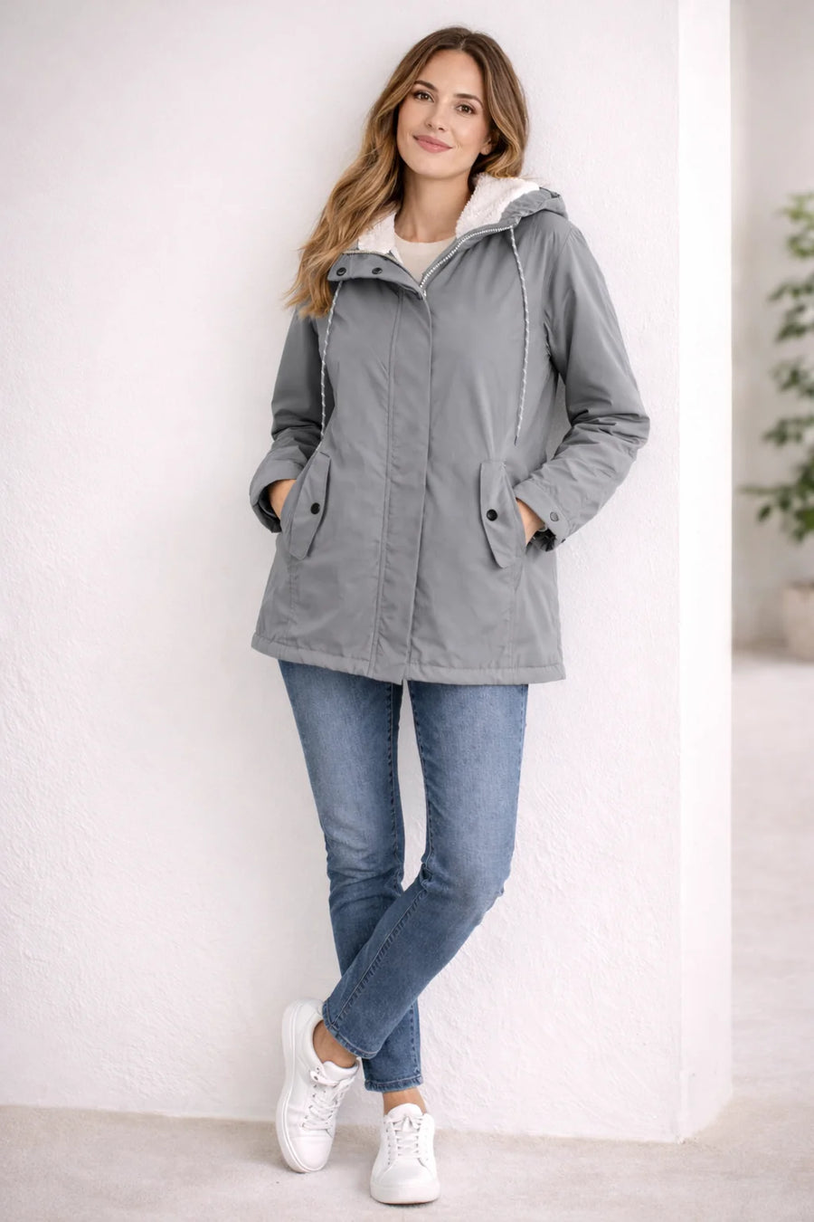 Odette Hooded Sherpa-Lined Parka in Gray