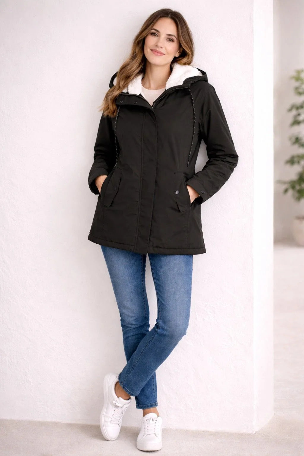 Odette Hooded Sherpa-Lined Parka in Black