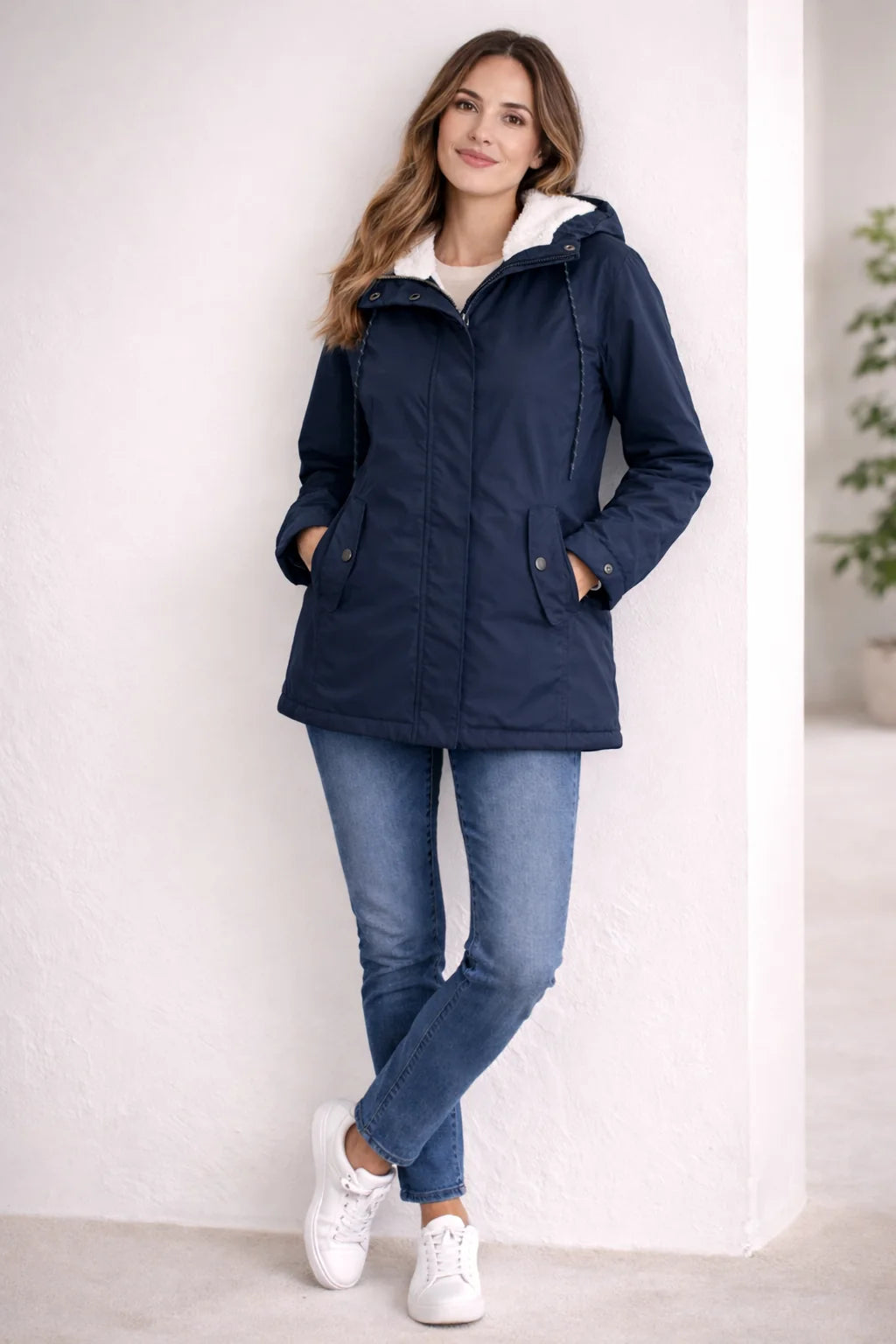 Odette Hooded Sherpa-Lined Parka in Navy