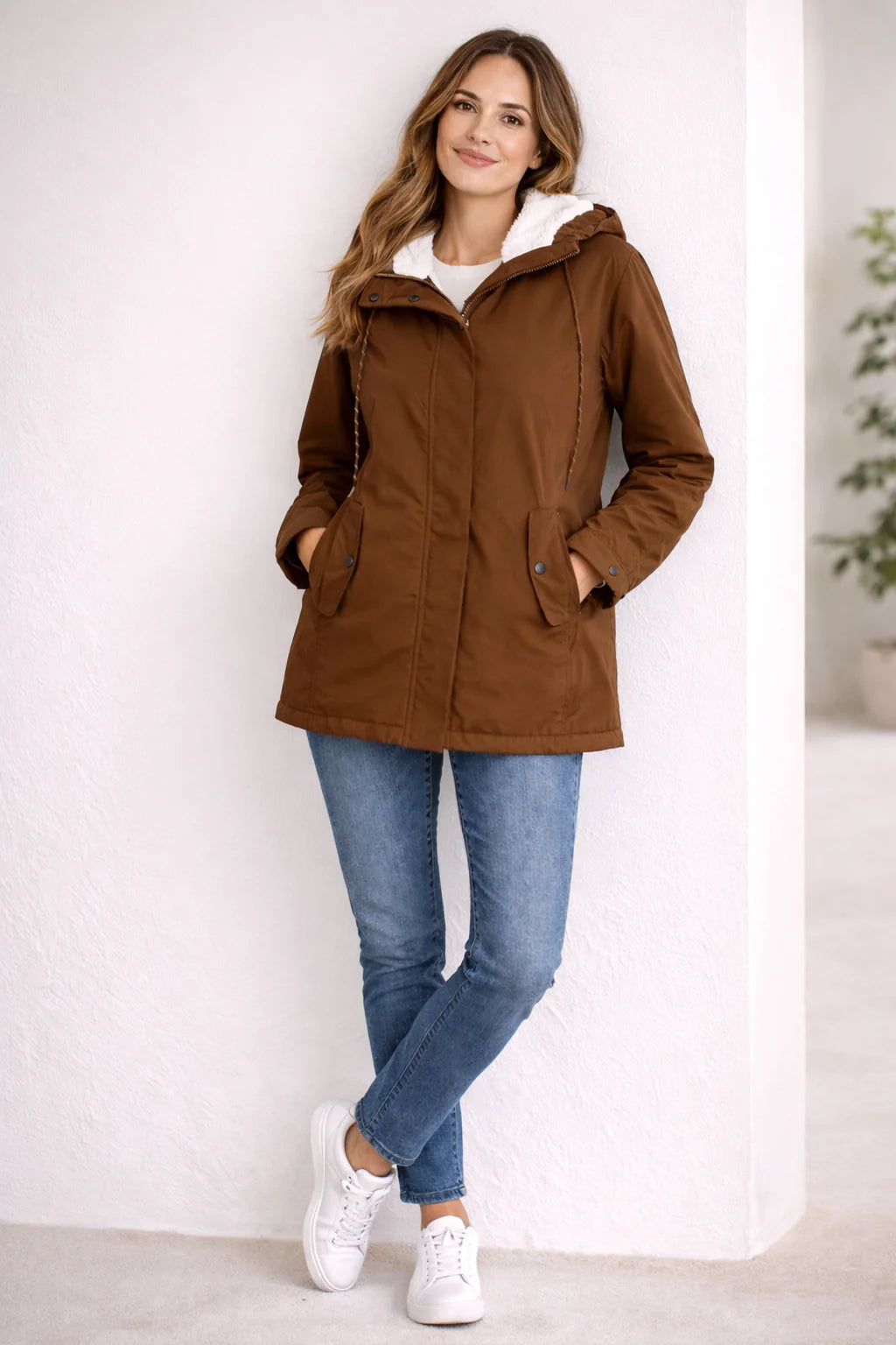 Odette Hooded Sherpa-Lined Parka in Khaki