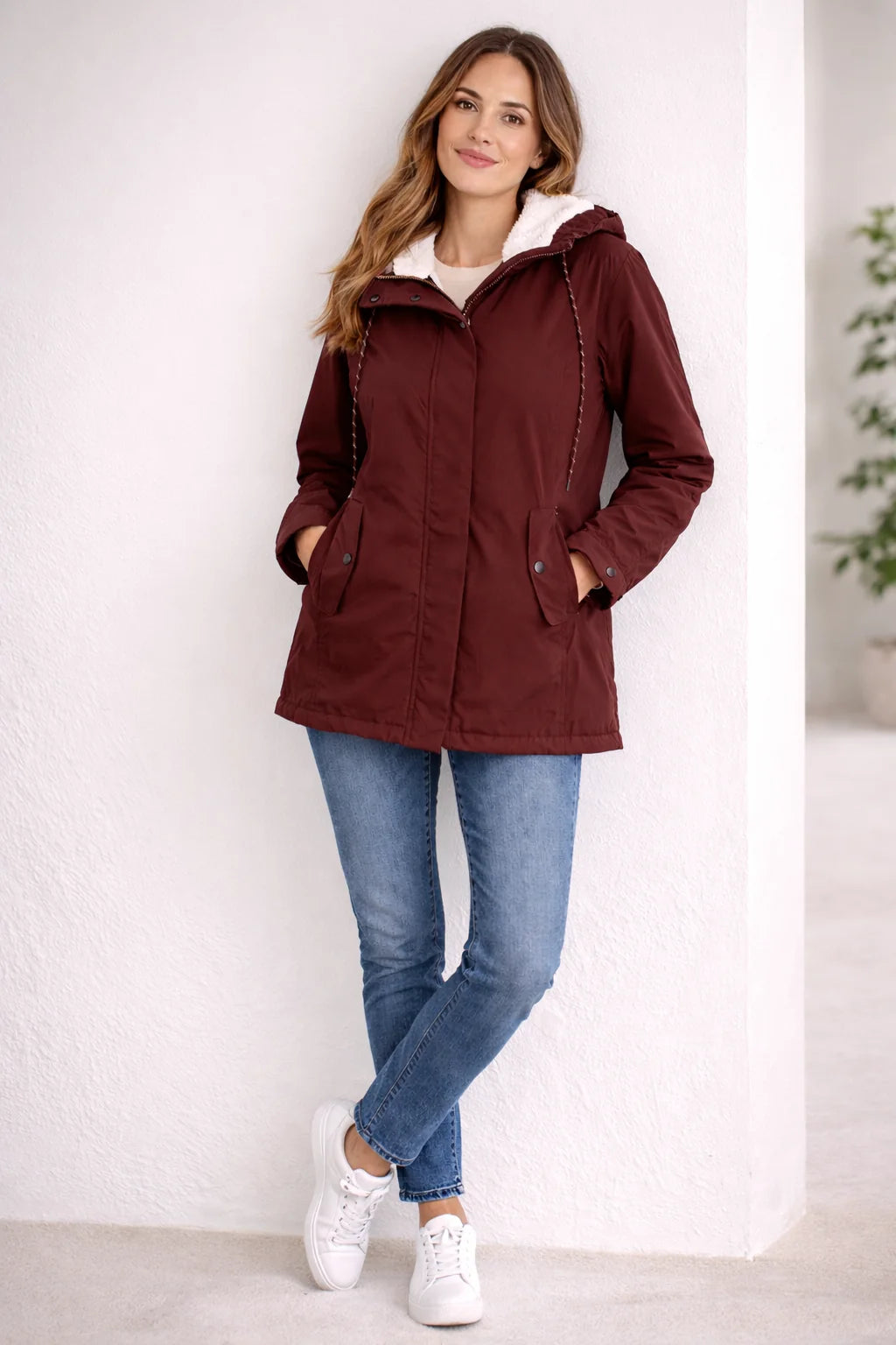 Odette Hooded Sherpa-Lined Parka in Red