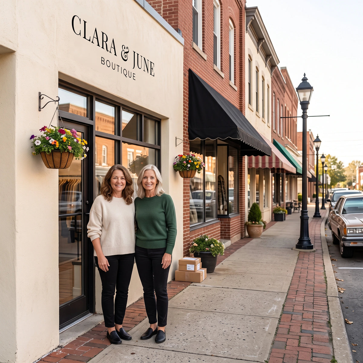 Clara & June Boutique storefront on a brick street with two women standing outside, delivery boxes on the sidewalk