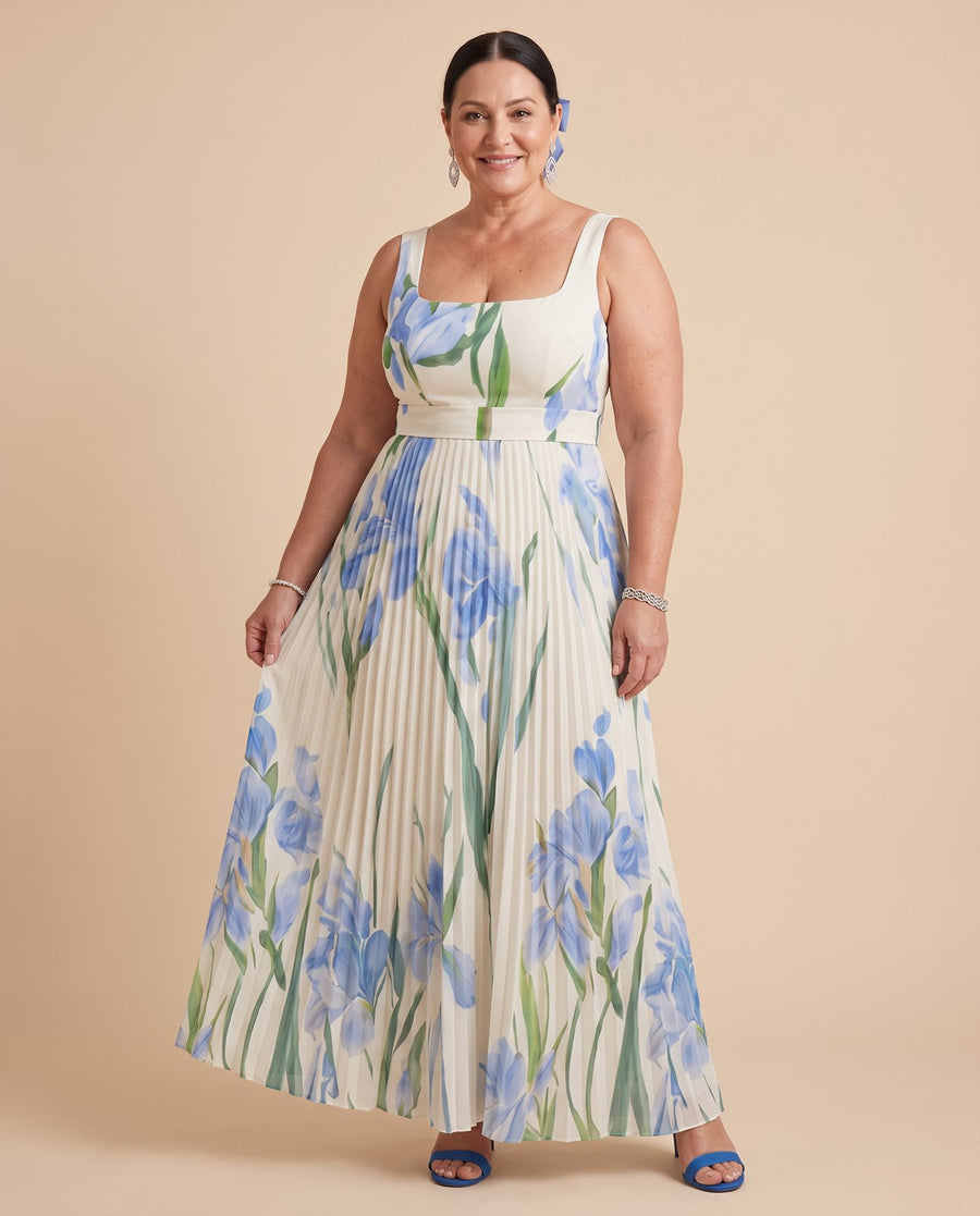 Ophelia™ Sleeveless Square Neck Floral Print Midi Dress worn by a woman with curves