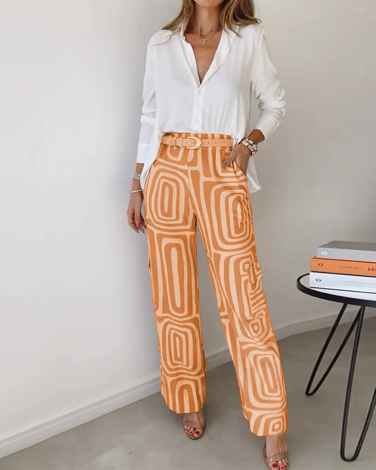 Orange Liora | Printed Wide-Leg Two-Piece Summer Set for Women