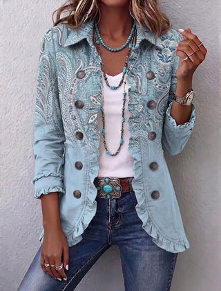 Sky Blue Estrella™ | Vintage Paisley Print Ruffled Jacket