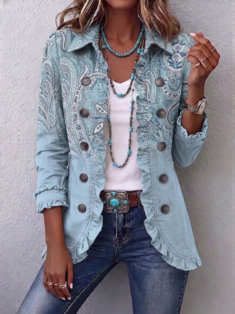 Sky Blue Estrella™ | Vintage Paisley Print Ruffled Jacket