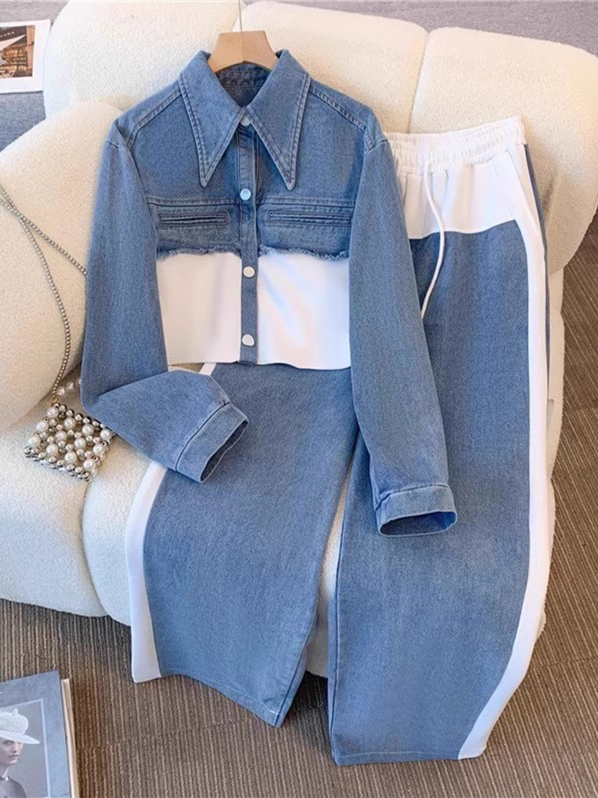 White Holbrook™ | Color-Block Cropped Jacket & Wide-Leg Pants Set