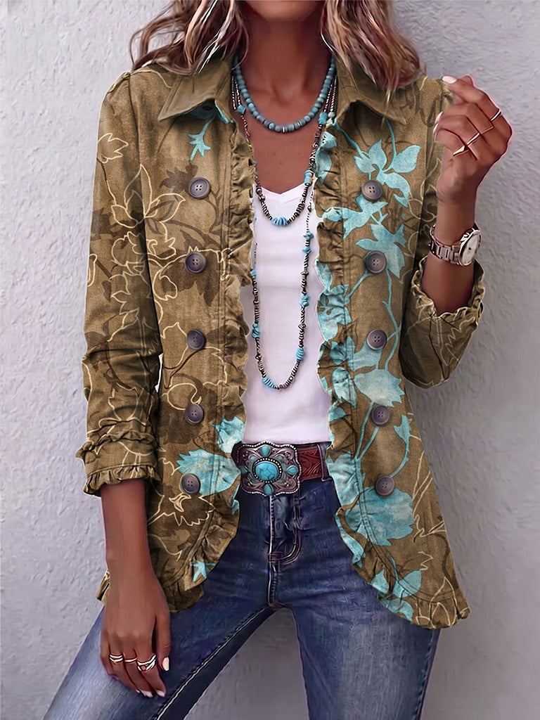 Olive & Turquoise Floral Sundara™ | Boho Gradient Vintage Floral Ruffle Jacket