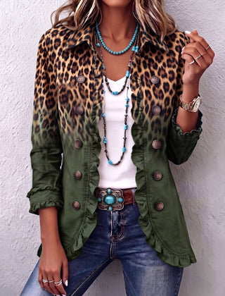 Green Elspeth™ | Leopard Ombre Ruffle Blazer Jacket
