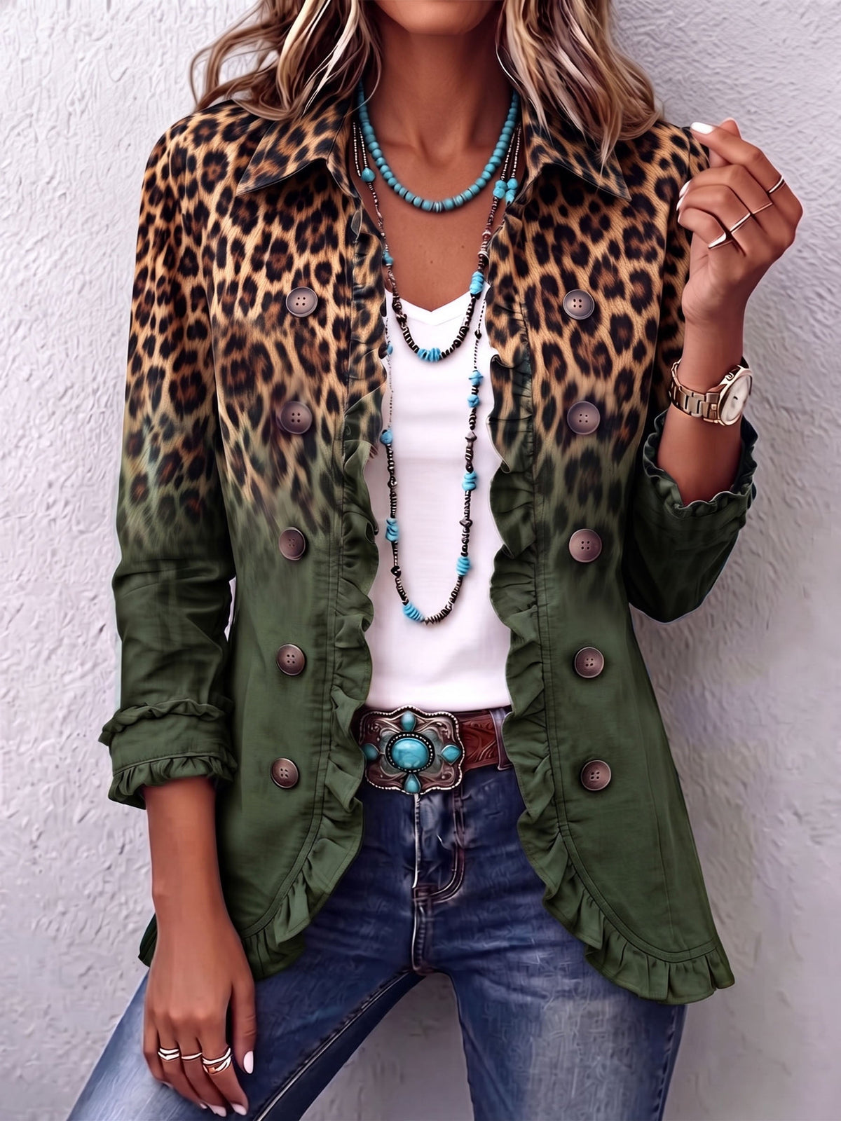 Green Elspeth™ | Leopard Ombre Ruffle Blazer Jacket