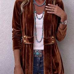 Dark Brown Holliwell™ | Vintage Lapel Button-Accent Long Sleeve Open Front Jacket