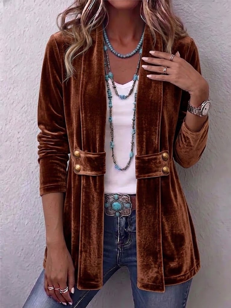 Dark Brown Holliwell™ | Vintage Lapel Button-Accent Long Sleeve Open Front Jacket