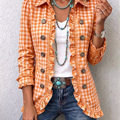 Orange Charlene™ | Gingham Ruffled Button-Down Jacket
