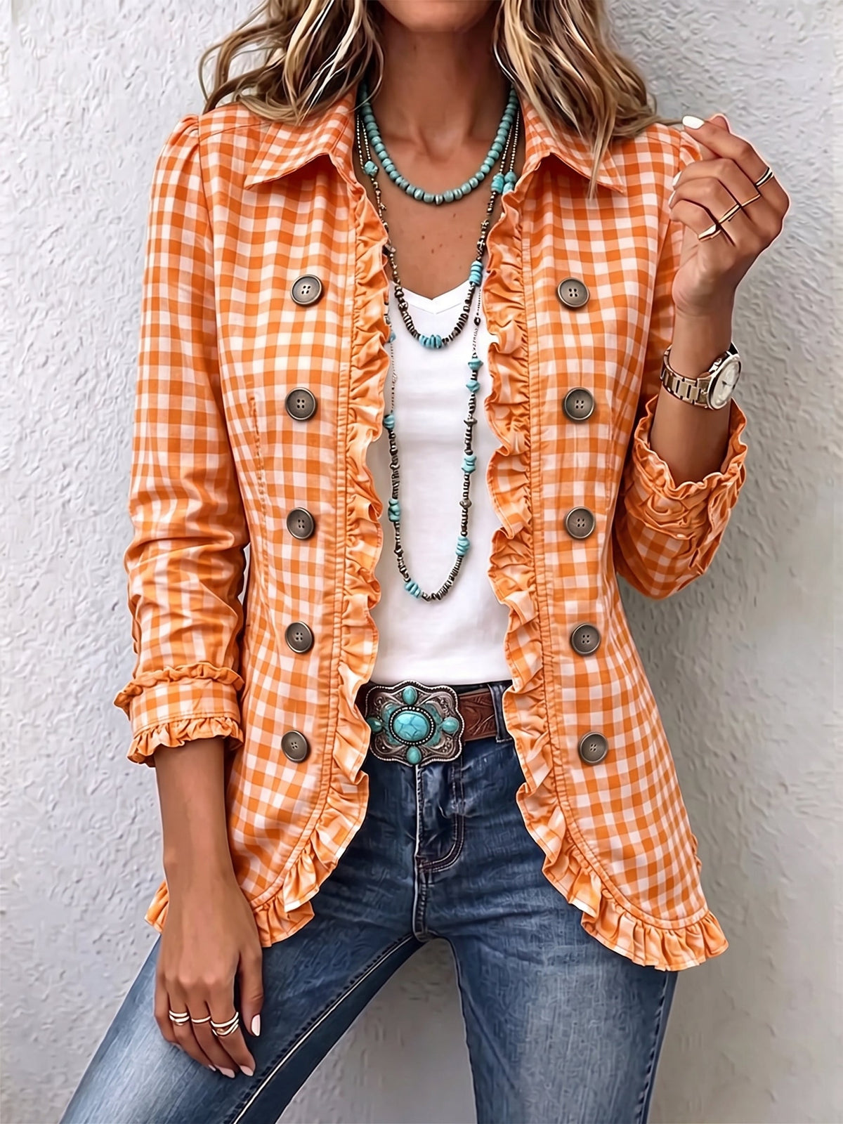Orange Charlene™ | Gingham Ruffled Button-Down Jacket
