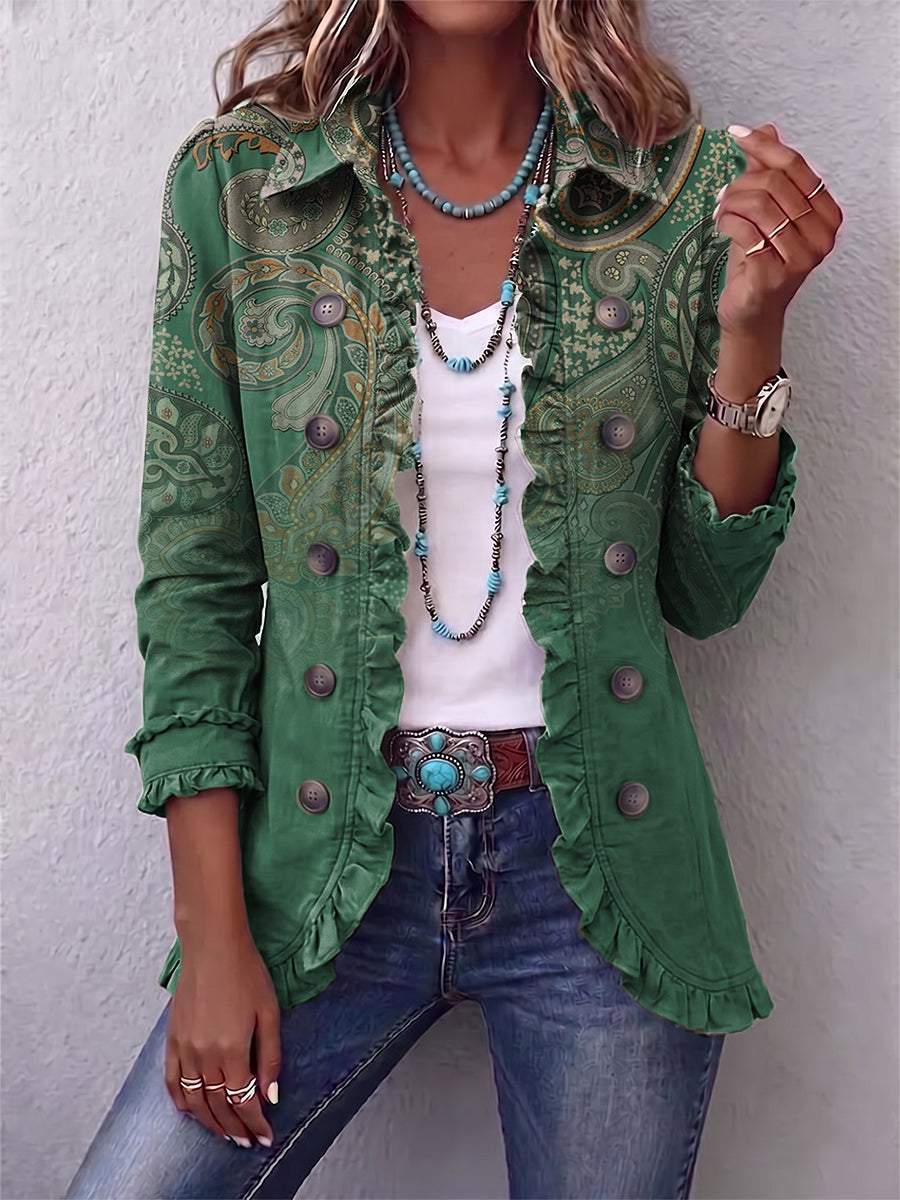 Green Paisley Jemara™ | Bohemian Paisley Print Ruffled Jacket