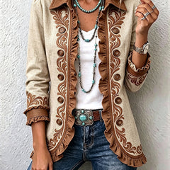 Tan & Brown Dawncroft™ | Vintage Bohemian Floral Ruffled Jacket