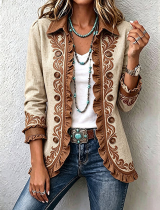 Tan & Brown Dawncroft™ | Vintage Bohemian Floral Ruffled Jacket