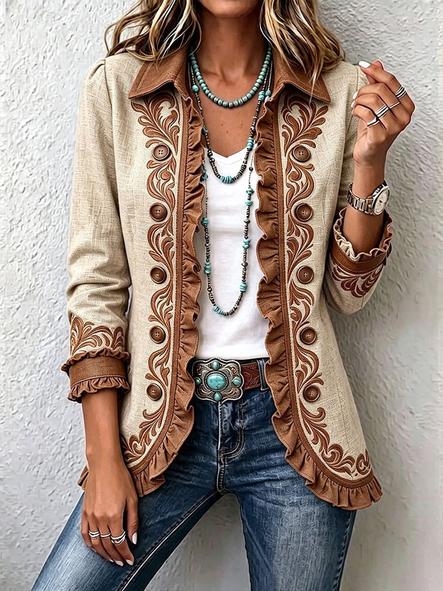 Tan & Brown Dawncroft™ | Vintage Bohemian Floral Ruffled Jacket