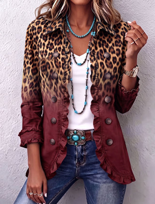 Wine Elspeth™ | Leopard Ombre Ruffle Blazer Jacket