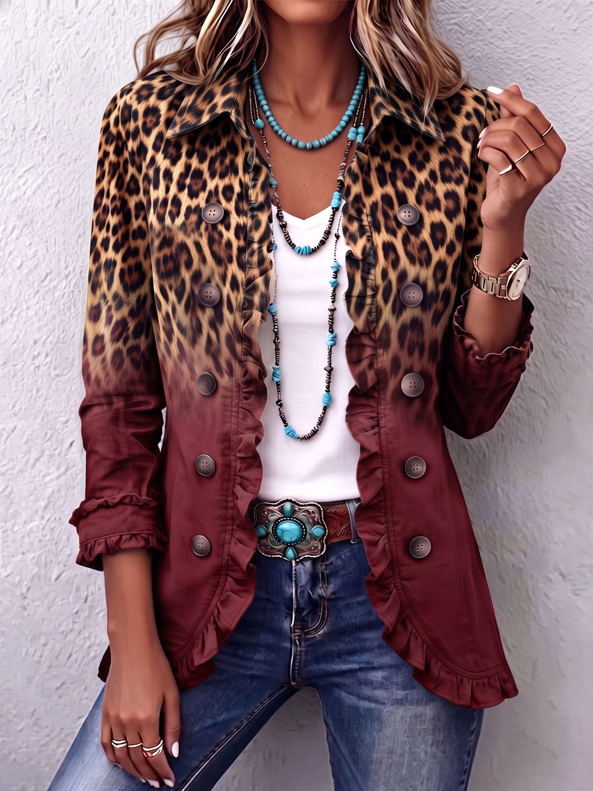 Wine Elspeth™ | Leopard Ombre Ruffle Blazer Jacket