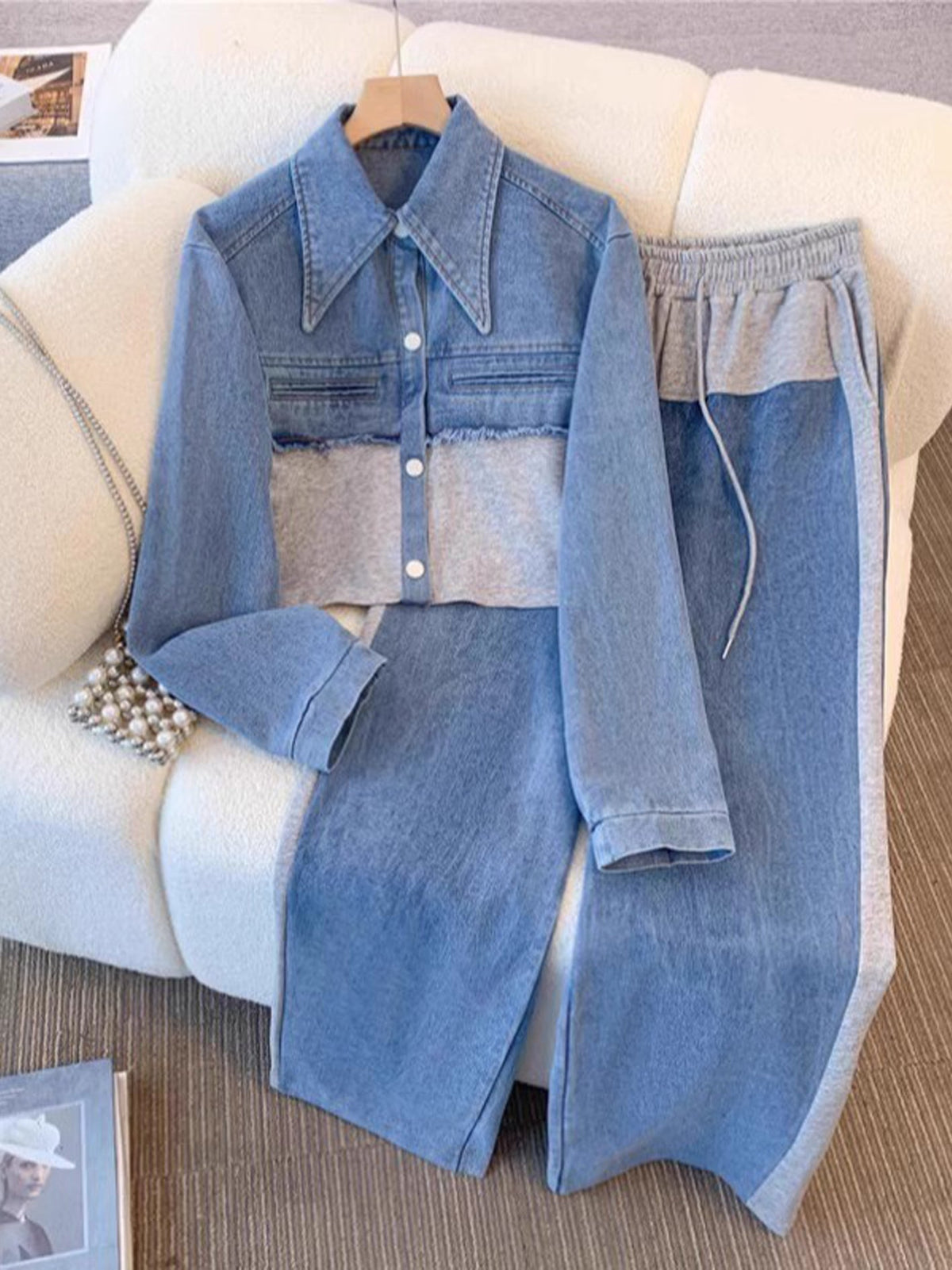 Grey Holbrook™ | Color-Block Cropped Jacket & Wide-Leg Pants Set