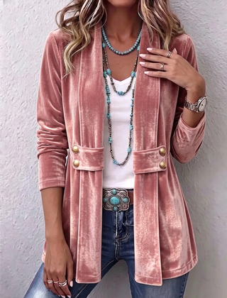 Pink Holliwell™ | Vintage Lapel Button-Accent Long Sleeve Open Front Jacket