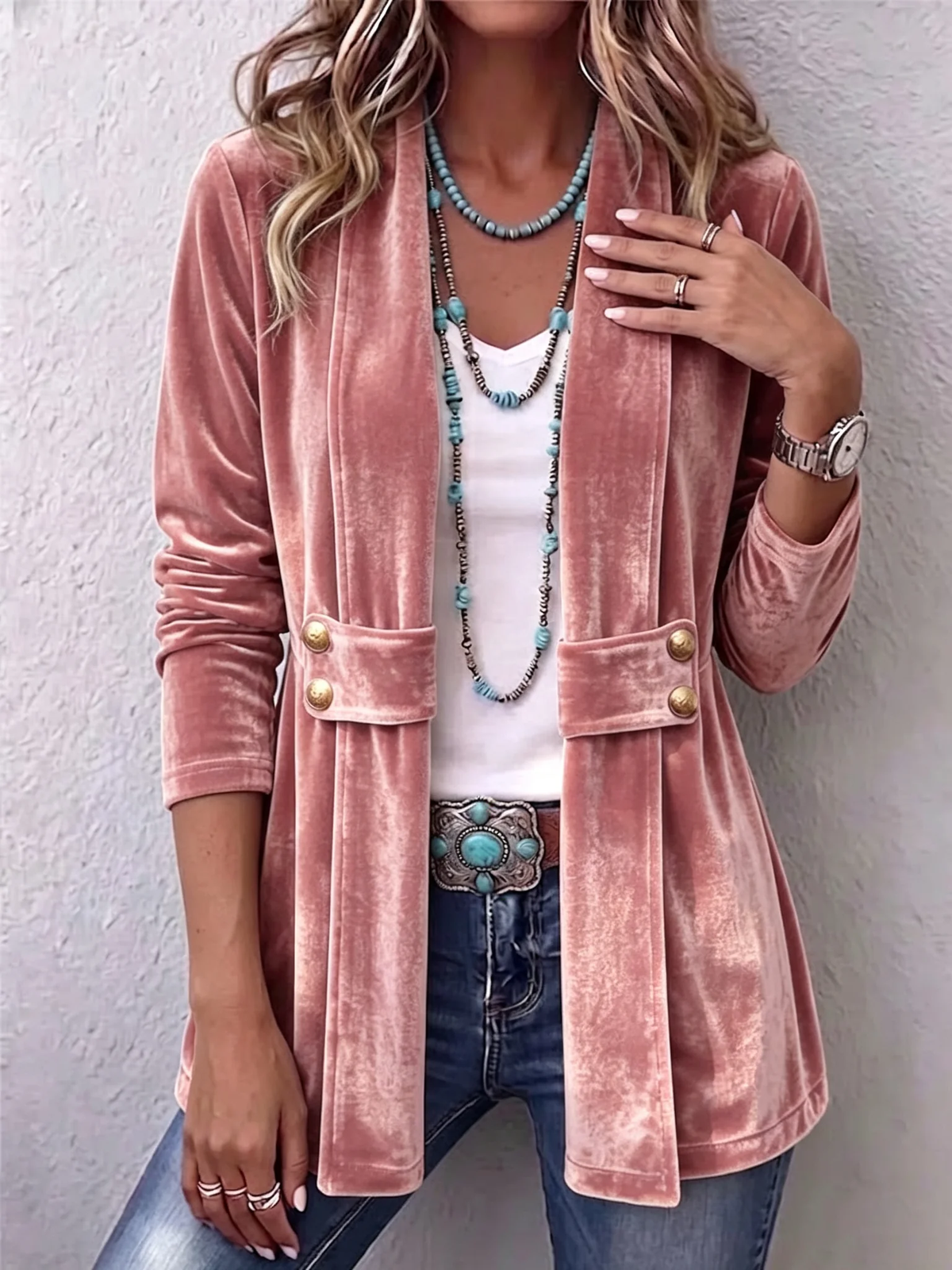 Pink Holliwell™ | Vintage Lapel Button-Accent Long Sleeve Open Front Jacket