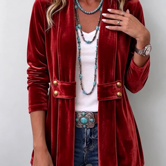 Red Holliwell™ | Vintage Lapel Button-Accent Long Sleeve Open Front Jacket