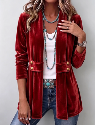 Red Holliwell™ | Vintage Lapel Button-Accent Long Sleeve Open Front Jacket